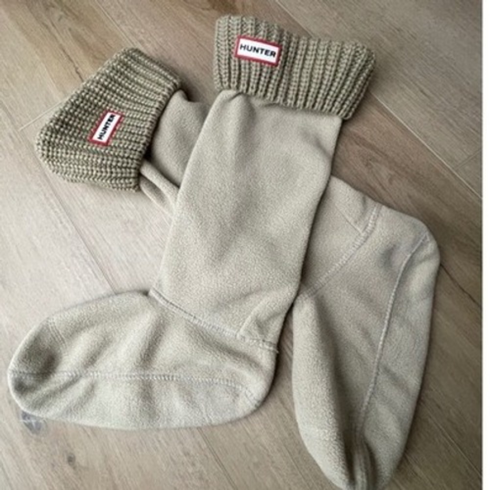 Hunter Greige Original 6 Stitch Cable Tall Boot Socks L 8-10 Fleece Knit Cuff